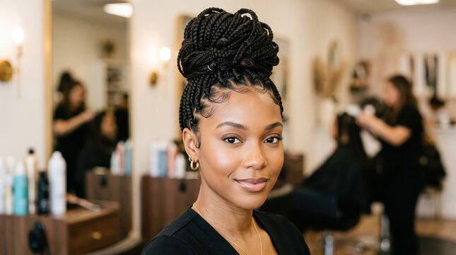 Black woman with elegant long box braids styled in a high updo, showcasing a creative protective hairstyle for fashion, beauty and hair care.