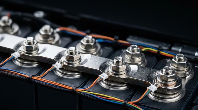 Close up of battery pack with metal busbar terminals and electrical wiring