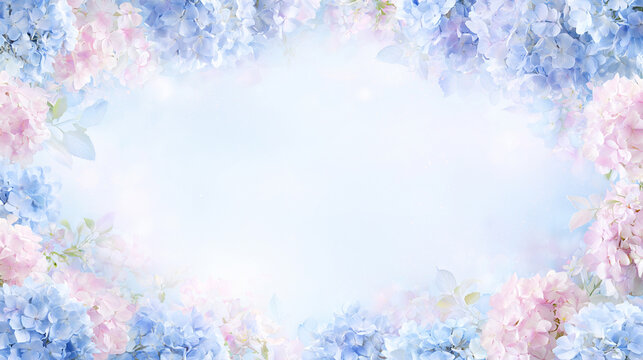 青とピンクの紫陽花が周囲に咲くフレーム背景
