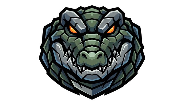 Fierce Alligator Head Mascot Logo with Glowing Orange Eyes.