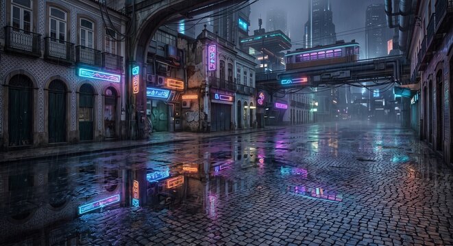 Cyberpunk Brazilian colonial street with neon signs and futuristic tram in the rain