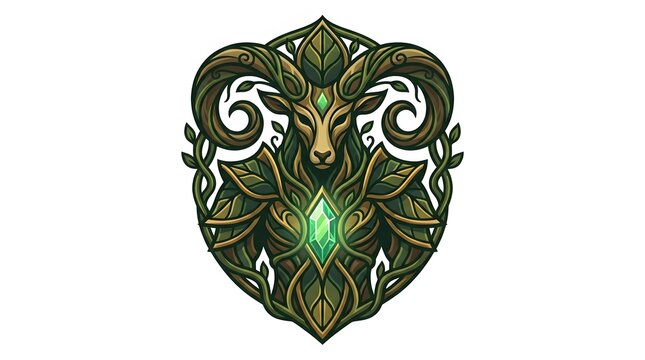 Intricate Ram Head Emblem with Ornate Green Foliage and Glowing Gemstone.