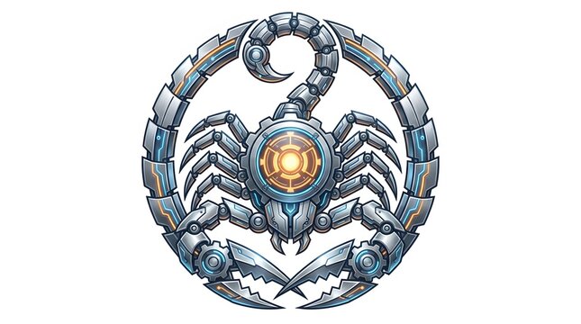 Intricate Robotic Scorpion Emblem with Glowing Core.