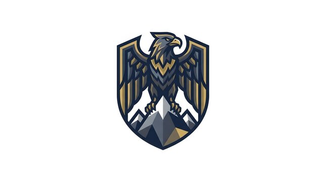 Majestic Eagle Perched on Mountain Peak Shield Logo Design.