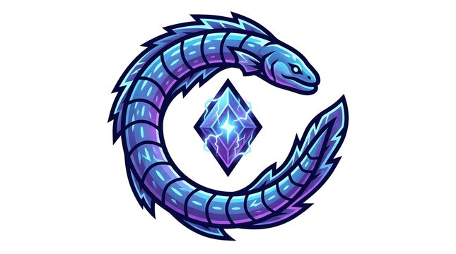 Mythical Blue Serpent Encircling a Shimmering Crystal Gemstone.
