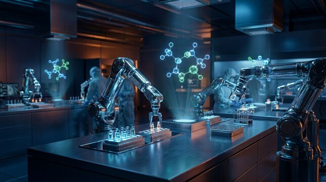 Futuristic laboratory scene featuring multiple metallic robotic arms working on tables with glowing holographic molecular structures in a dark room illuminated by cool blue and teal lighting.