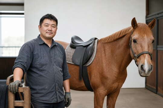 Horse saddle fitting fitter with senior follow up waist portrait visible identifiable person east asian male age 47 broad build