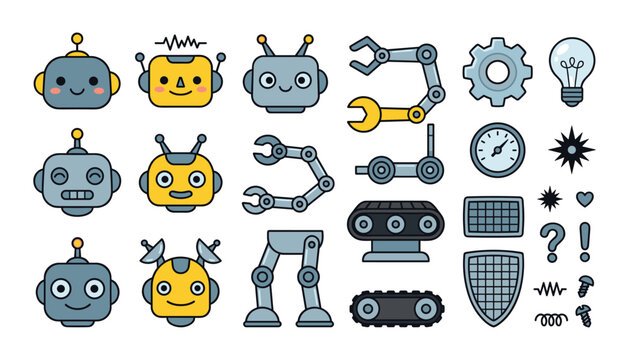 Cute cartoon robot character heads and industrial mechanical parts vector icon set featuring robotic arms gears tracks legs and technology elements
