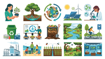 Fototapeta premium Sustainable ecology icons and environmental conservation scenes in modern vector for educational materials and green earth campaigns