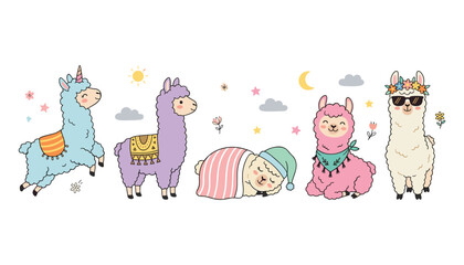 Cute llama and alpaca cartoon character set with pastel colored animals sleeping in blanket wearing sunglasses bandana and unicorn horn isolated on white background © Moner