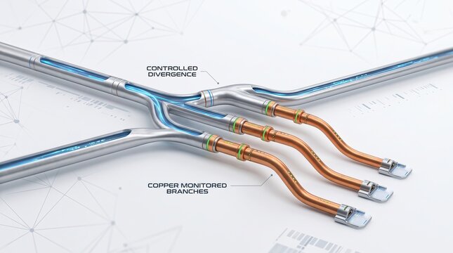 Detailed industrial metal pipes and copper tubing connectors on a clean technical blueprint background with pipe connectors industrial plumbing system design industrial equipment