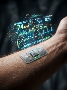 A close up view of a high tech medical sensor patch attached to a human arm displaying a holographic interface with heart rate data and vital statistics in blue and green light.