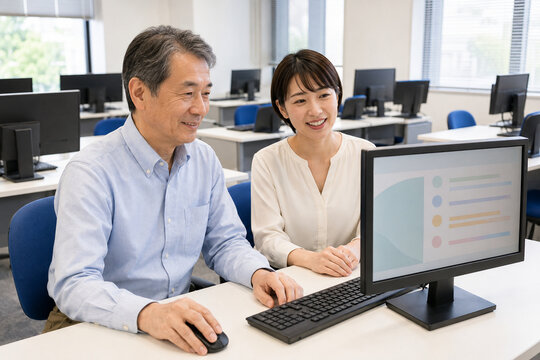 PCスキル訓練の成果を振り返る中高年男性と女性支援員