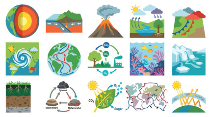 Naklejka premium Earth science infographics and physical geography diagrams in modern flat vector for environmental education branding