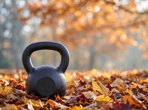 heavy kettlebell lying among fallen maple leaves in autumn forest emphasizing concept of outdoor sports workouts and maintaining excellent physical shape during autumn season