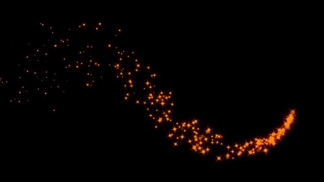 Magical silver motes race along intersecting curves, blooming into radiant star shapes before dissolving into soft glitter, creating an elegant fantasy light animation. black background. 4k video