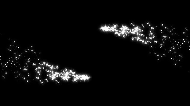 Brilliant celestial dust streams sweeping across a dark scene, scattering glowing doodle stars and soft twinkles into graceful paths, enchanting particle animation. black background. 4k video