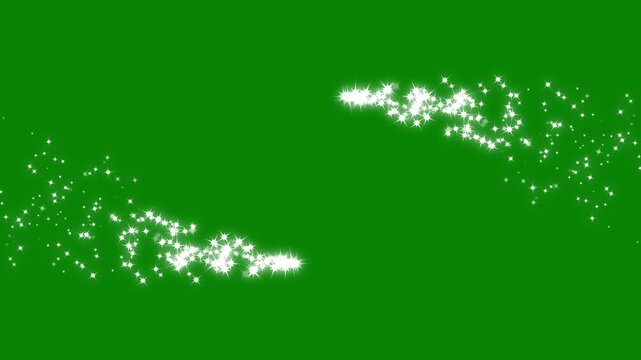 Brilliant celestial dust streams sweeping across a dark scene, scattering glowing doodle stars and soft twinkles into graceful paths, enchanting particle animation. green background. 4k video