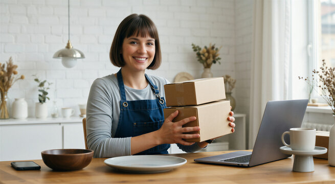 Smiling woman runs her handmade small business, packing orders on a cozy wooden table with a laptop nearby.