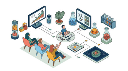 Fototapeta premium Biotechnology extended reality lab and immersive stem education in isometric vector style for scientific research training