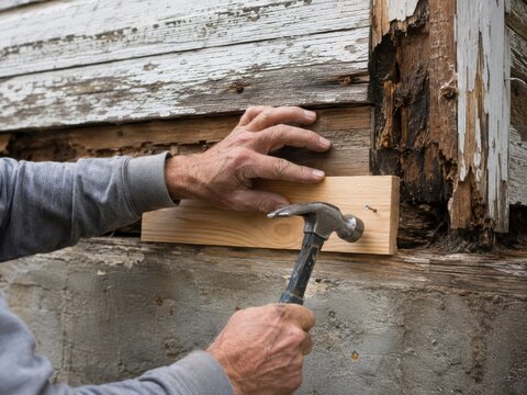 A man uses a hammer to nail a new wooden board onto the rotted, damaged siding of an old house.