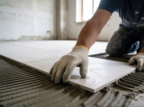 A construction worker wearing protective gloves installing large ceramic floor tiles onto mortar.