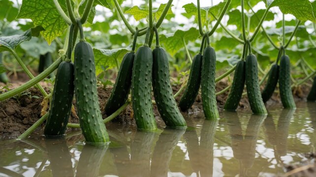 A low-angle view of several ripe cucumbers hanging on vines above a flooded field in a greenhouse.