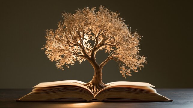 Glowing tree growing out of the pages of an open vintage book casting warm light in a dark room with knowledge tree education learning imagination literature inspiration