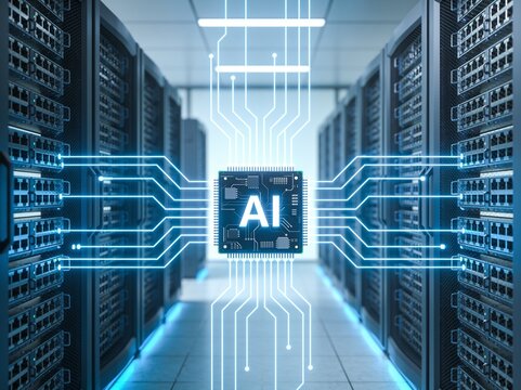 A centralized AI microchip connected to server racks by glowing blue digital circuitry pathways.