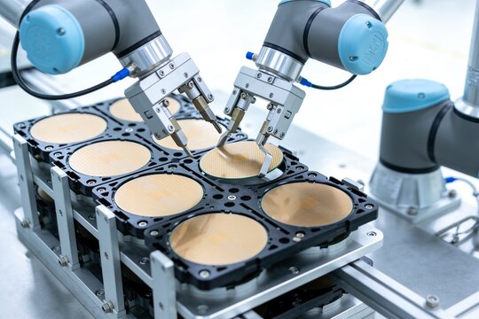 Two robotic arms with metallic grippers are precisely handling semiconductor silicon wafers in a lab.