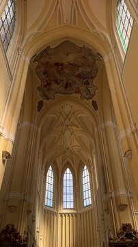 Assumption Cathedral Sedlec Kutna Hora Czechia interior has Gothic UNESCO heritage for tourism, travel, excursion, architecture and history. Cathedral interior, Czech heritage, cultural tourism, arts.