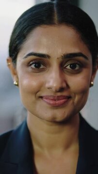Vertical video: Zoom prompt woman turning to lens mouthing, smiling at office window suit