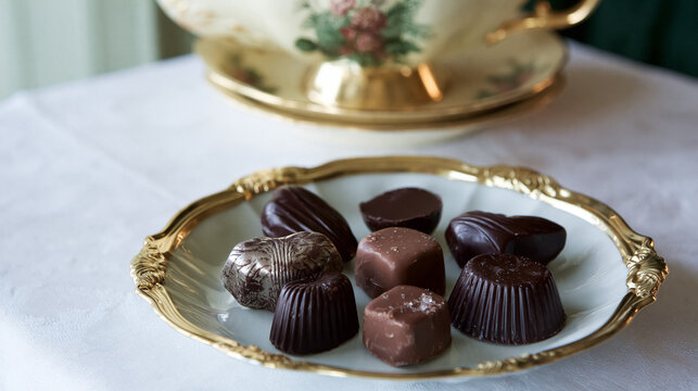 Assorted dark and milk chocolates presented on an elegant gold rimmed plate, ready for a luxurious dessert or snack
