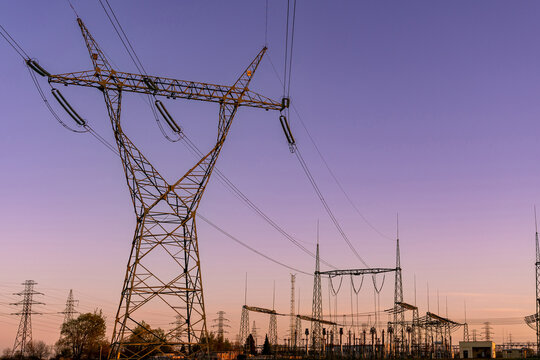 Electricity transmission system with steel tower framework.