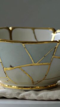 Vertical video: Camera panning across china bowl on cloth revealing gold kintsugi and dark specks