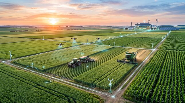 Artificial intelligence in agriculture with drones and automated machinery at sunset