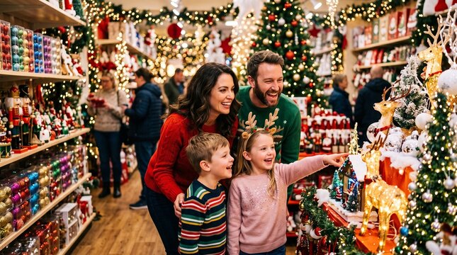 Christmas Shopping Joy: A family experiences the festive spirit while shopping for Christmas decorations in a warmly lit store, surrounded by festive displays and holiday cheer.