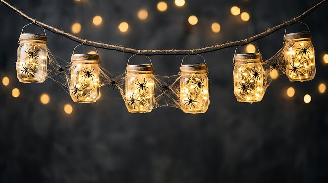 Spooky halloween spider jars hanging with glowing lights in the dark