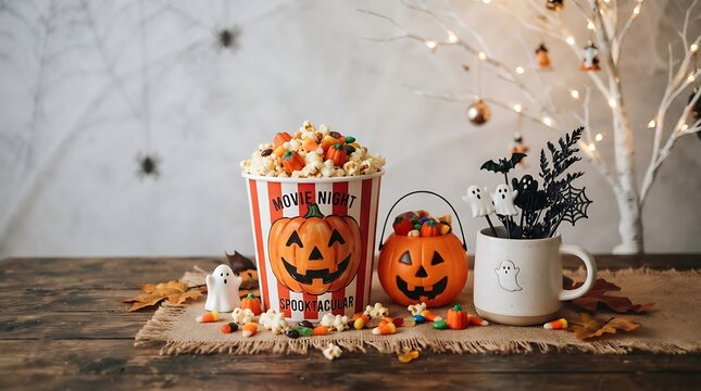 Halloween popcorn bucket with a pumpkin candy bowl and spooky decorations