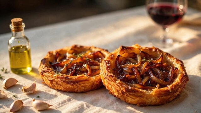 Rustic Savory Pies with Olive Oil and Wine on Linen