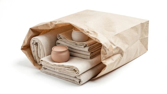 Rustic Stack of Folded Linens in Kraft Paper Gift Bag