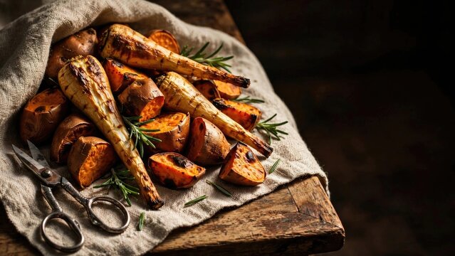 Rustic Roasted Root Vegetables and Potatoes on Wood Board