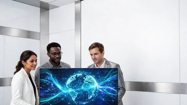Team Collaborating on Global Data Presentation in Modern Office