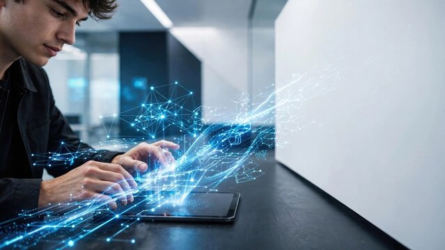 Tech Professional Analyzing Glowing Data Visualization on Tablet