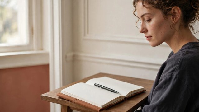 Young Woman Writing in Notebook, Planning Ideas Indoors