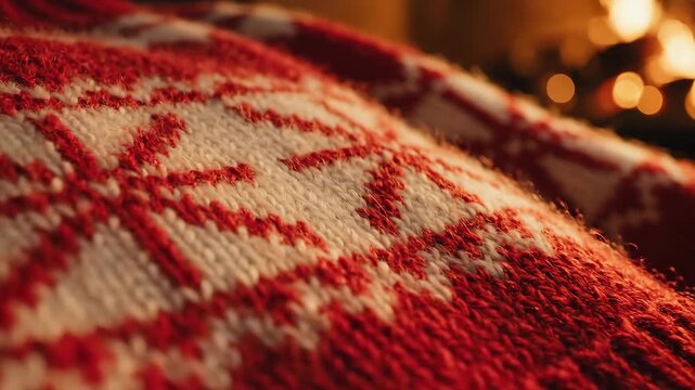 Cozy red and white knitted wool blanket texture with warm fireplace bokeh. Perfect for winter, cozy, and hygge concepts
