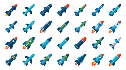 Fototapeta premium Rocket icons and missile collection featuring diverse spacecraft designs in modern flat vector for sci-fi gaming interfaces and aerospace education