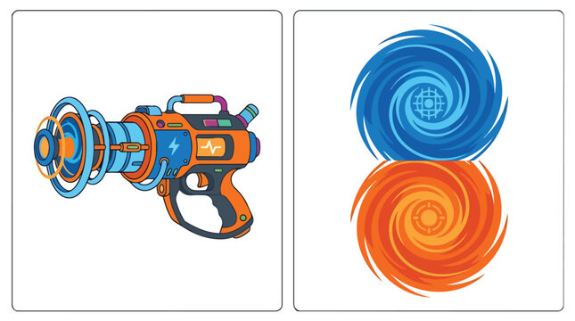 Sci-fi portal gun and wormhole teleportation device in modern flat vector for gaming and sci-fi media branding