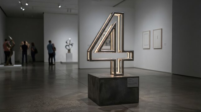 Oversized Metallic Number Four Sculpture in Modern Gallery