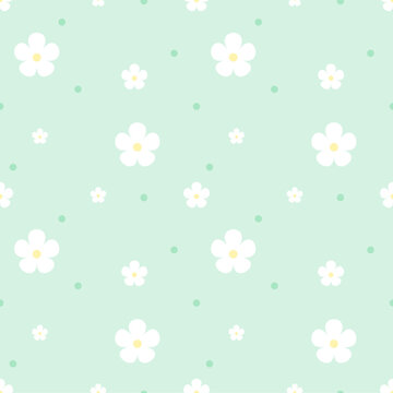 White Flower Seamless Pattern with Dots on Soft Pastel Mint Green Background